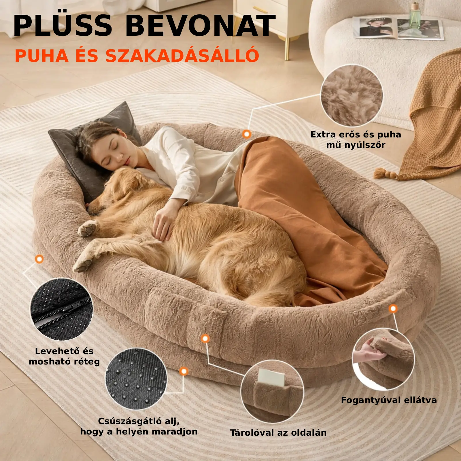 Barna színű, nagyméretű kutyaágy embereknek